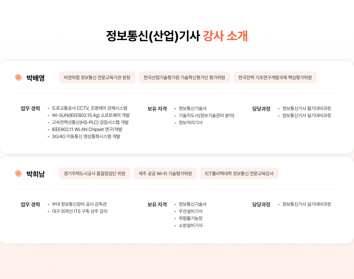 정보통신(산업)기사 강사 소개. 박배영. 비앤피랩 정보통신 전문교육기관 원장. 한국 산업기술평가원 기술혁신평가단 평가위원. 한국전력 기초연구개발과제 핵심평가위원. 업무 경력. 도로교통공사 CCTV, 조명제어 관제시스템. Wi-SUN(IEEE802.15.4g) 소프트웨어 개발. 고속전력선통신(HS-PLS) 검침시스템 개발. IEEE802.11 WLAN Chipset 연구/개발. 3G/4G 이동통신 영상통화시스템 개발. 보유 자격증. 정보통신기술사, 기술지도사(정보기술관리 분야), 정보처리기사. 담당과정. 정보통신기사 필기대비과정, 정보통신기사 실기대비과정. 박희남. 경기주택도시공사 품질점검단 위원. 제주 공공 Wi-Fi 기술평가위원. ICT폴리텍대학 정보통신 전문교육강사. 업무 경력. 부대 정보통신장비 공사 감독관, 대구 외관석 ITS 구축 상주 감리. 보유 자격증. 정보통신기술사, 무선설비기사, 위험물기능장, 소방설비기사. 담당과정. 정보통신기사 실기대비과정.