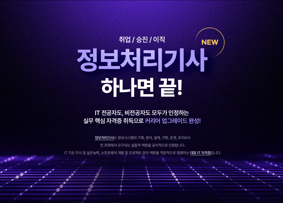 취업/승진/이직. NEW 정보처리기사 하나면 끝! IT 전공자도, 비전공자도 모두가 인정하는 실무 핵심 자격증 취득으로 커리어 업그레이드 완성! 정보처리기사는 정보시스템의 기획, 분석, 설계, 구현, 운영, 유지보수 전 과정에서 요구되는 실질적 역량을 공식적으로 인증합니다. IT 기초 지식 및 실무능력, 소프트웨어 개발 및 프로젝트 관리 역량을 객관적으로 증명하는 대표 IT 자격증입니다.
