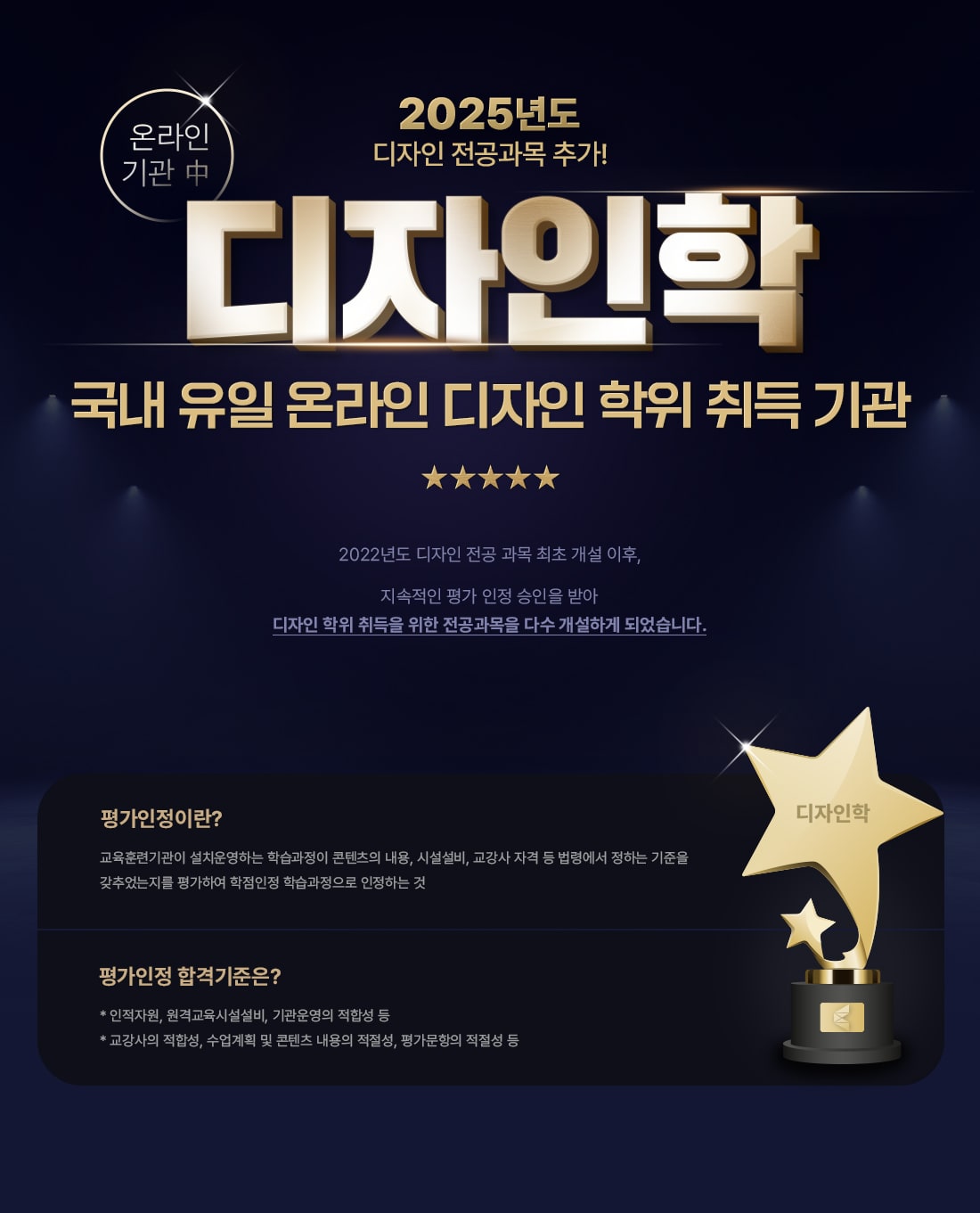 2024년도 디자인 전공과목 추가! 온라인 기관 중 디자인학 국내 유일 온라인 디자인 학위 취득 기관. 2022년도 디자인 전공 과목 최초 개설 이후, 지속적인 평가 인정 승인을 받아 디자인 학위 취득을 위한 전공과목을 다수 개설하게 되었습니다. 앞으로도 다양한 배움의 기회를 제공하기 위해 더욱 발전하는 케이지아이티뱅크 평생교육원이 되겠습니다. IT에서 디자인까지 케이지아이티뱅크에서 함께 하세요! 평가인정이란? 교육훈련기관이 설치운영하는 학습과정이 콘텐츠의 내용, 시설설비, 교강사 자격 등 법령에서 정하는 기준을 갖추었는지를 평가하여 학습과정으로 인정하는 것. 평가인정 합격기준은? * 인적자원, 원격교육시설설비, 기관운영의 적합성 등. * 교강사의 적합성, 수업계획 및 콘텐츠 내용의 적절성, 평가문항의 적절성 등.